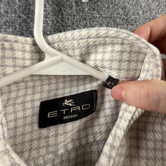 Etro Milano Italy Size 42 Button Up Shirt Long Sleeve Blue White Check Woven - Picture 11 of 14